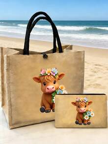 这款迷人的高地奶牛印花亚麻手提包套装，包含零钱包、信封袋、拉链袋，可个性化定制，卡通趣味多功能手提包，黄黑相间亚麻材质，配黑色搭扣，可作购物袋、化妆包、收纳袋使用，容量大，便携时尚，大小包组合，适合婚礼、生日、海滩、度假等场合，是送给女士、母亲、老师、朋友、伴娘、大学生的完美礼物。 - 彩色 - 查看 11