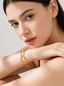 1pc Geometric Welded Copper Bracelet, Stylish And Durable, Suitable For Party And Daily Wear - Gold - View 3