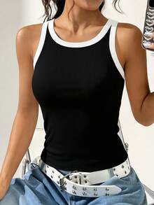 1pc Women's Basic Casual Contrast Color Sleeveless Knit Tank Top, Round Neck Vest, Versatile For Summer Daily Wear - Black - View 2