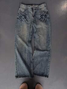 Quần jeans rộng thùng thình rách rưới dành cho nam, kiểu dáng cổ điển retro, ống rộng, màu xanh chàm, phong cách Y2K, nên chọn size nhỏ hơn. - Rửa tối - Xem 2