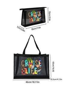 Large Capacity Mesh Bag Set, Featuring Colorful "Cruise Life" Lettering, Leopard Print Accents, Cute Beach Scenes, Dolphin And Seashell Patterns With Wavy Texture, Mesh Beach Tote Bag, Mesh Makeup Organizer Bag, Foldable Large Capacity Beach Bag Waterproof And Sandproof, Letter Decorated Mesh Beach Tote, Suitable For Commuting, Shopping, Vacation And Daily Casual Use, Perfect Gift For Friends - Multicolor - View 6