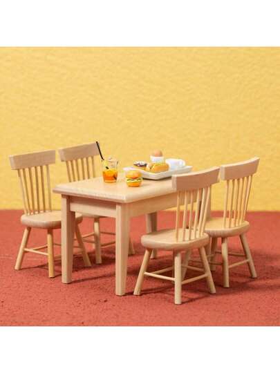 5pcs 1:12 Scale Miniature Oak Wood Dining Table And Chairs, Dollhouse Furniture Accessories, DIY