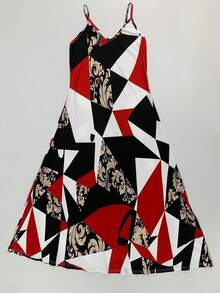 Women's New Allover Print Full-Length Dress, Fashionable V-Neck Mid-Length Dress, Casual Spaghetti Strap Breathable Dress, Women's Stylish Summer Outfit Vacation Party Elegant - Multicolor - View 5