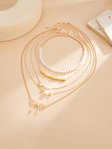 5件套可爱蝴蝶吊坠项链，巴洛克风格仿珍珠多层颈链，适合女士派对、宴会、约会、节日、礼品 - 金色 - 查看 5