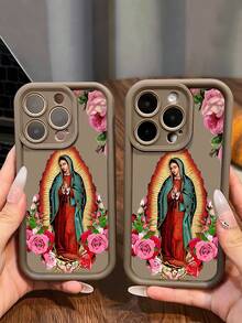 Virgin Mary Phone Case, Religious Style, Phone Case For IPhone 17 Pro Max 17 Air 17Pro 16 15 14 13 12 11 Pro Max, Catholic Gift, Floral Virgin Mary Design, Rose Bouquet Theme, Holy Icon Art, Spiritual Gift Idea, Devotional Present - 棕色 - 查看 1