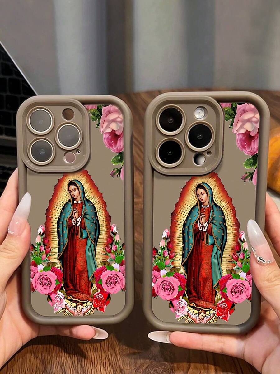 Virgin Mary Phone Case, Religious Style, Phone Case For IPhone 17 Pro Max 17 Air 17Pro 16 15 14 13 12 11 Pro Max, Catholic Gift, Floral Virgin Mary Design, Rose Bouquet Theme, Holy Icon Art, Spiritual Gift Idea, Devotional Present - 棕色 - 查看 1