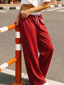 Women's Baggy Sweatpants Stylish Letter Print Mid Rise Wide Leg Drawstring Trousers For Fall And Winter - Burgundy - View 5