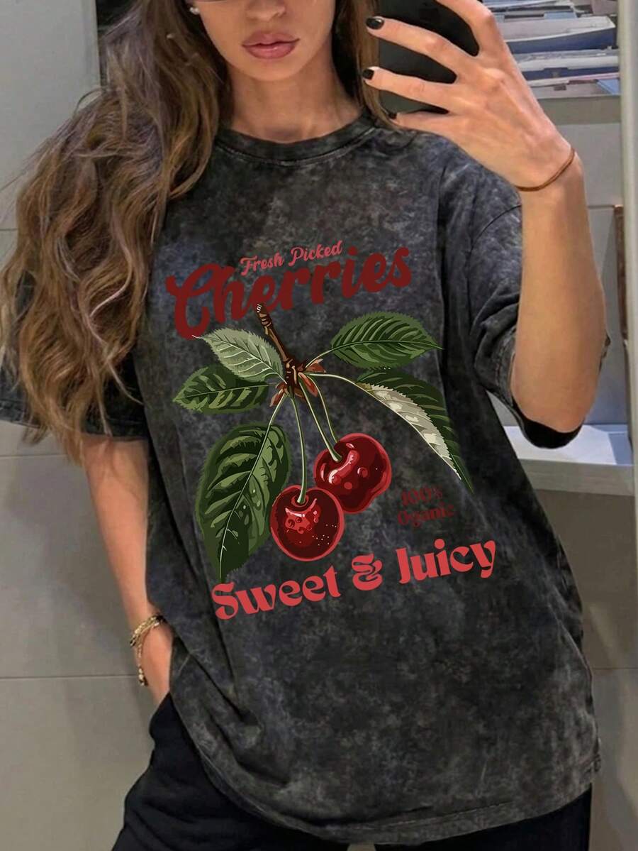 夏季新款简约时尚樱桃甜美水果风格字母印花休闲圆领扎染短袖T恤，时尚百搭女式上衣 - 黑色 - 查看 1