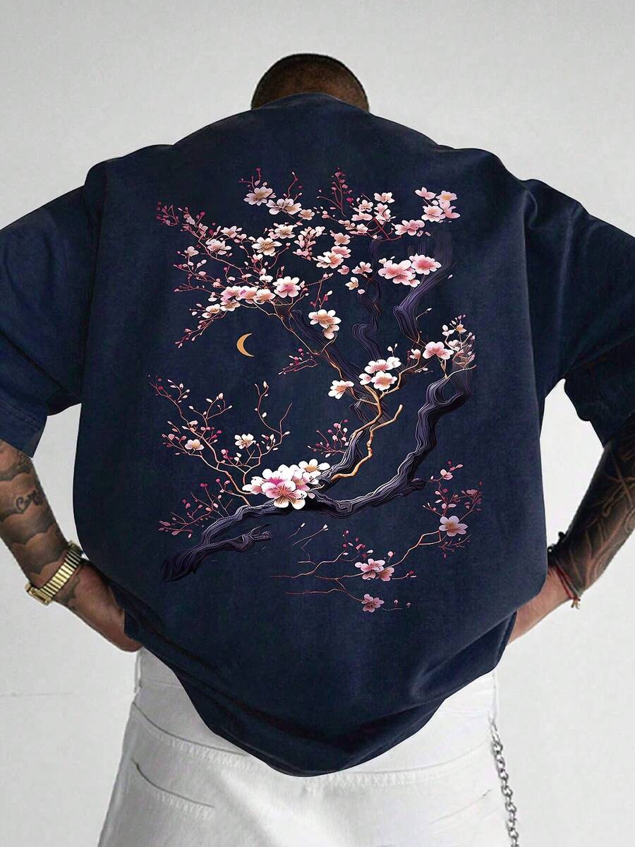 男士时尚印花宽松短袖T恤一件装 | 精致设计 | 夏季必备 | 易于搭配，展现您的风格 - 藏蓝色 - 查看 1