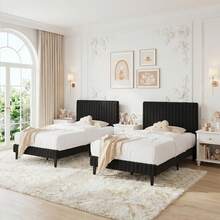 Twin Bed Frame, Velvet Upholstered Platform Bed With Vertical Channel Tufted Headboard And Footboard, Pink/ White/ Green/ Black/ Blue, Full Bed Frame/ Queen Bed Frame/ King Bed Frame ﻿ - 黑色 - 查看 2