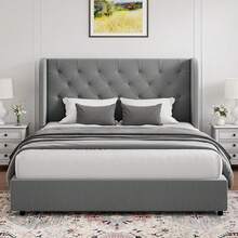 Full Bed Frame With Velvet Button-Tufted Headboard , Upholstered Bed Frames, Soft Fabric, Button Tufted Headboard With Windback, Curved Wingback Design,  Queen Bed Frame/ King Bed Frame/ Full Size Bed Frame, Pink/ White/ Grey - 灰色 - 查看 6