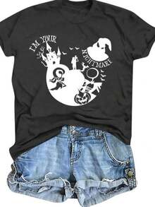 Casual Women's Cotton Short Sleeve Round Neck T-Shirt With Nightmare Before Christmas Graphic Print Regular Fit Top - 黑色 - 查看 1