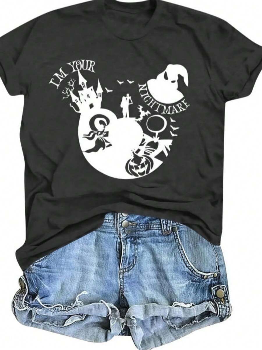 Casual Women's Cotton Short Sleeve Round Neck T-Shirt With Nightmare Before Christmas Graphic Print Regular Fit Top - 黑色 - 查看 1