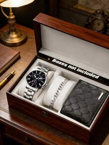 3-Piece Luxury Business Men's Silver Watch Set, Including Silver Dial Quartz Watch With Roman Numerals, Silver Cuban Link Bracelet, And Black Quilted Leather Wallet. Features Silver Metal Strap And Multi-Function Chronograph Design. - Silver - View 6