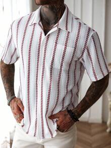 Men's Striped Short Sleeve Single-Breasted Pocket Textured Casual Shirt - Red and White - View 4