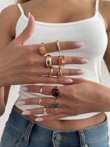 Set de 12 anillos de aleación asimétrica con incrustaciones de acrílico, con un toque lujoso, adecuados para el uso diario de las mujeres, regalo para amigos y familiares - Dorado - Ver 11