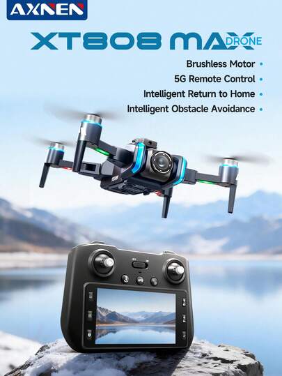 AXNEN 2026升级版XT808无刷专业航拍无人机，广角WiFi光流双摄像头，FPV图传遥控器，低电量智能返航，无刷电机，智能避障，航线飞行，智能跟随拍摄，大容量电池，轻巧可折叠机身，是万圣节、圣诞节、生日等节日的完美礼物。