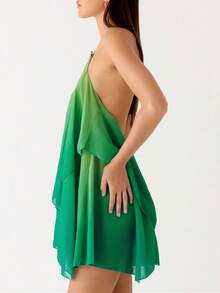 Women Ruffle Halter Neck Mini Dress Sheer Mesh Layered Open Back Dress Y2K Tiered Tie Back Going Out Dresses - 綠色 - 查看 2
