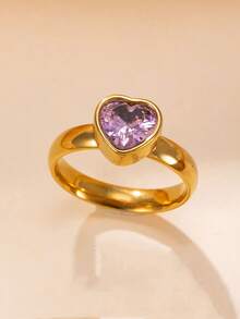 1 pieza Anillo de acero inoxidable con corazón de cristal de imitación y polvo dorado, regalo del Día de San Valentín, joyería de moda para mujeres - anillo - Ver 7