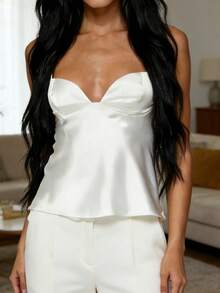 Women Camisole, Sleeveless Tops Low-Cut Backless Solid Summer Vest For Party Club - 白色 - 查看 3