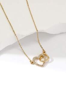 1pc Heart-Shaped Double-Ring Pendant Necklace, Minimalist Elegant Sparkling Cubic Zirconia, Versatile Daily Wear, Ideal Gift - Multicolor - View 2