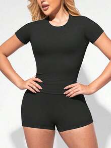 2 Piece Women's Solid Color Activewear Set, Crew Neck & Lapel Short Sleeve Tees With High-Waisted Biker Slim-Fit Shorts, High Stretch Gym Workout Outfit, Fitness Sportswear For Indoor Outdoor Casual Gym Fitness Workspace - 黑色 - 查看 3