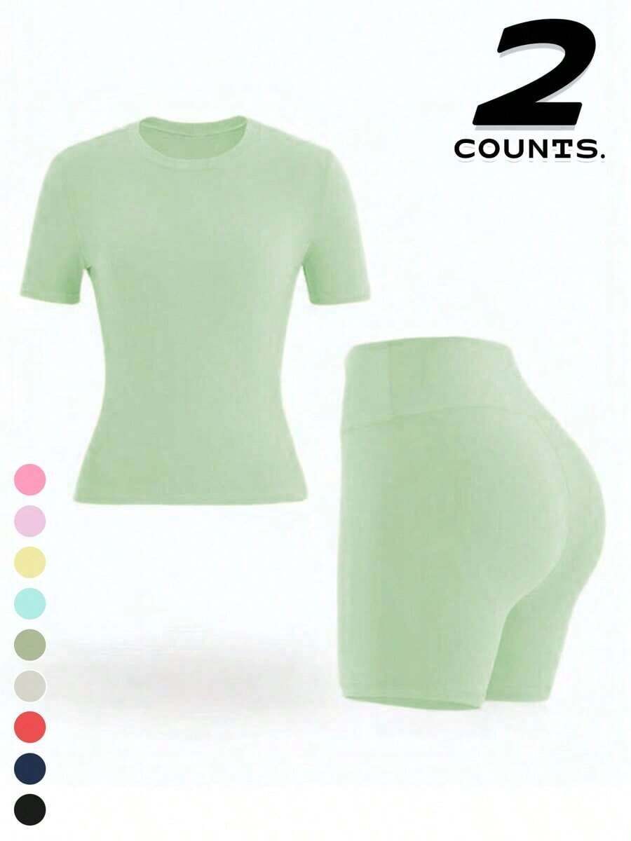 2 Piece Women's Solid Color Activewear Set, Crew Neck & Lapel Short Sleeve Tees With High-Waisted Biker Slim-Fit Shorts, High Stretch Gym Workout Outfit, Fitness Sportswear For Indoor Outdoor Casual Gym Fitness Workspace - 軍綠色 - 查看 1