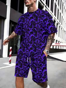 2-Piece Retro Elegant Knit Fabric Set, Exquisite & Intricate, For Men's Vacation Trips, Summer Dark Purple On Black Scroll Pattern Short Sleeve & Beach Shorts Set - 彩色 - 查看 3