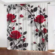 Open 2pcs High-Definition Digital Curtain Printing Simulation White Background Red And Black Roses Home Decoration Style Decoration Living Room Bedroom Rod Curtain Effect Style Bedroom Study Window - Multicolor - View 7