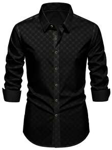 男士商务正装休闲提花学院风长袖纽扣衬衫，百搭低调奢华，最佳礼品之选 - 黑色 - 查看 5