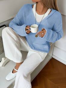 Women's Hollow Out Hooded Pullover Sweater, Versatile Long Sleeve Knit Sweater, New Year - Baby Blue - View 4