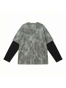 JUTU Spring & Autumn Cartoon Print Patchwork Tee, Loose Fit Crew Neck Long Sleeve Top, Suitable For Vacation, Spring Festival Casual - 409 Ash Black - KJ0217 - View 7