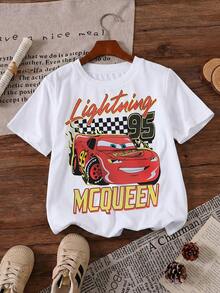 Disney Cars Lightning McQueen Retro Racing #95 With Flames Printed Pattern T-Shirts For Girls - Children's Clothing Design Short-Sleeved Casual And Cute Style Comfortable And Casual Wear All Year Round Suitable For Parties And Play Machine Washable Gift Children's Clothing Girls' Short-Sleeved Shirts - 白色 - 查看 2