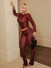 New Snake Print Slim Fit Sexy Sports Hot Long Sleeve Top Trousers Set - 紅色 - 查看 1