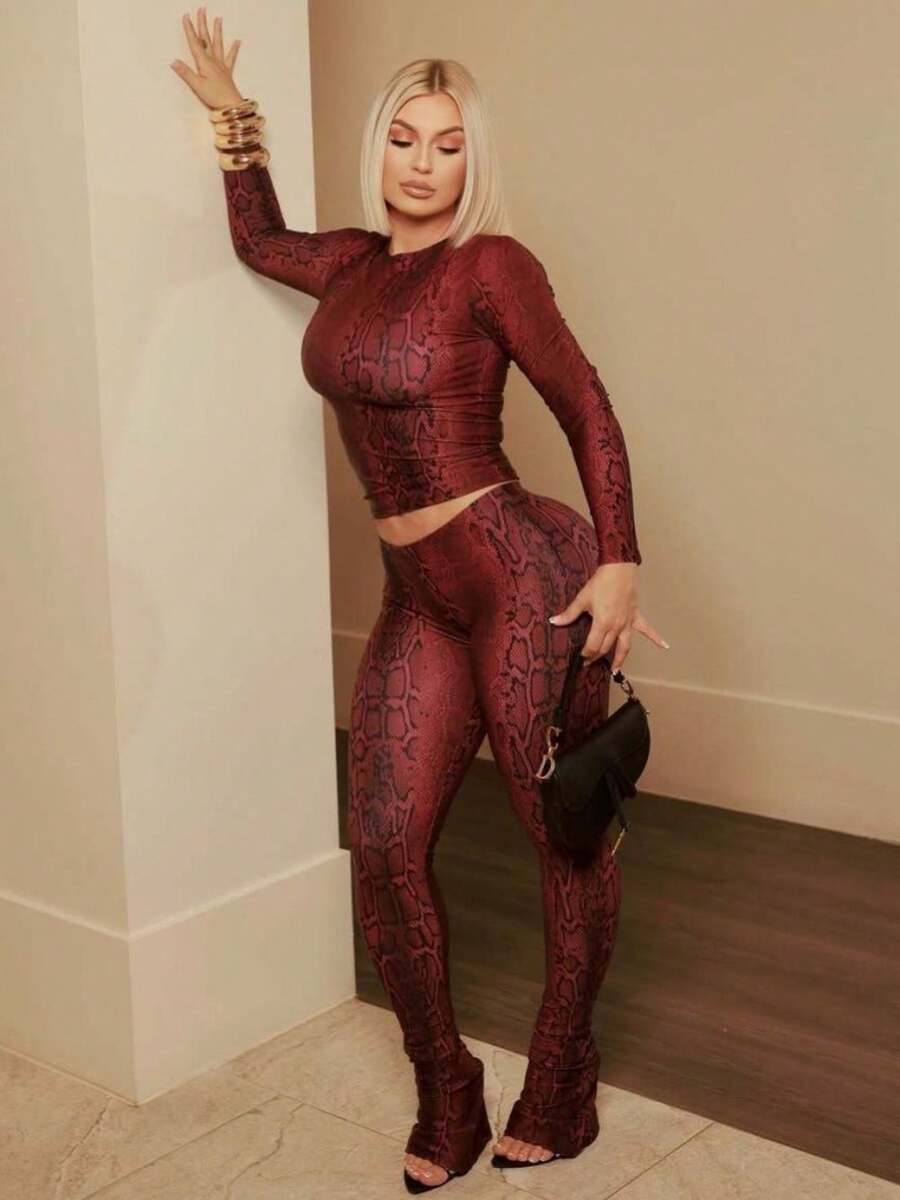New Snake Print Slim Fit Sexy Sports Hot Long Sleeve Top Trousers Set - 紅色 - 查看 1