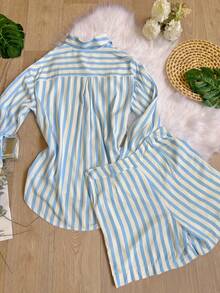 Women's Striped Set: High-Waisted Shorts And Long-Sleeved Shirt SP037 - Màu xanh nhạt - Xem 2