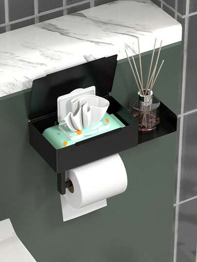 1 pieza Soporte de papel higiénico negro simple montado en la pared, soporte multifunción de acero inoxidable para teléfono celular para baño, decoración de otoño