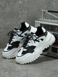 Minimalist Fashion Men's Shoes, White And Gray Colorblock, Thick Platform Wedge Sole, Casual Low-Top Lace-Up Thick Sole Sneakers. Suitable For Outdoor Hiking, Fitness Activities, Daily Commuting And Casual Wear. Unisex, Thick Cushioned Sole Provides Comfortable Wearing Experience, Suitable For All Seasons, Ideal Gift For New Year And Christmas. - Black and White - View 3