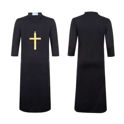 1pc Black Priest Cosplay Costume, Adult Male Missionary Outfit, Halloween/Easter Celebration Jumpsuit Robe With Cross Accessory