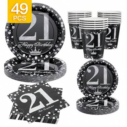 21st Birthday Black & Silver Polka Dot Crown Disposable Plates, Napkins, Cups - One-Time Party Supplies Set For 8 Guests, Suitable For Birthday, Wedding, Theme Party, Family Picnic