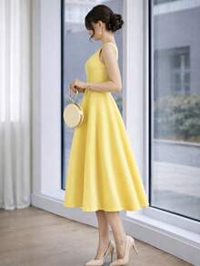 Sophisticated Midi Dress With Perfect Cut | A-Line Silhouette - Màu vàng ngỗng - Xem 2