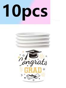 10pcs Black & Gold Graduation Theme Party Tableware Set, Including Paper Plates, Cups, Napkins & Decorations, Suitable For Graduation Trip And Birthday Party - Multicolor - View 9