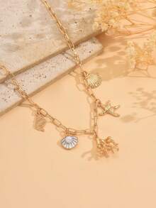 1 Stück Sommer Ozean Stil Schmuck Halskette mit Koralle, Seestern, Muschel, Konchen Anhänger Kombination, goldfarbene Schlüsselbein-Kette, geeignet für den täglichen Gebrauch, Strandurlaub, Date, Party, Reise - Gold - Übersicht 3