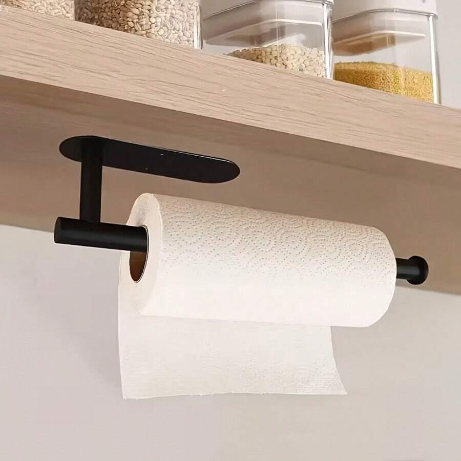 1pc Stainless Steel Self Adhesive Tissue Holder,Wall Mounted For Home, Kitchen, Bathroom - Black - View 1