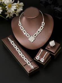 Conjunto de joyería de mujer con forma cuadrada que incluye collar con escote en V con diamante de imitación, aretes con flecos, pulsera y anillo. Conjunto de joyería de moda para bodas y fiestas - Blanco - Ver 7