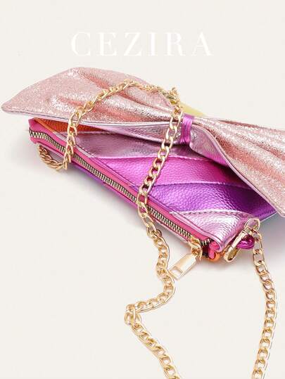  CEZIRA 时尚信封包，闪亮亮片金属PU皮革，彩色大蝴蝶结，彩虹色拼接条纹，方形拉链封口，长链斜挎包，女士时尚Y2K风格单肩手提包，适合派对、大学舞会、约会礼物