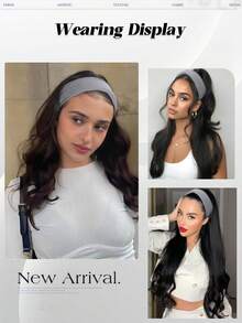 长款波浪/直发发箍半假发，合成纤维夹式接发，蓬松自然棕黑色假发片，配灰色发带，适合女性日常佩戴，1件装 - 彩色 - 查看 7