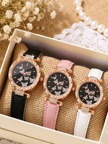 3件套青少年石英表，时尚休闲蝴蝶镶嵌设计，生日、开学、圣诞节、新年、情人节最佳礼物（无包装盒） - 玫瑰金 - 查看 2
