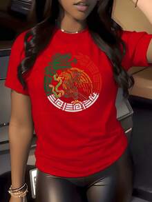 Camiseta de mujer 1 pieza, camiseta con estampado gráfico de águila y serpiente, 220g, estilo vintage boho, 100% algodón, cuello redondo, estilo mexicano, blusas para mujer. - Rojo - Ver 9
