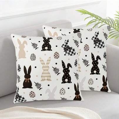 2PCS Easter Outdoor Bunny Pillowcase, Black And White Polka Dot Bunny Egg Pillowcase, Farmhouse Style Holiday Sofa Home Decor Cushion Cover, Single-Sided, Pillow Insert Not Included